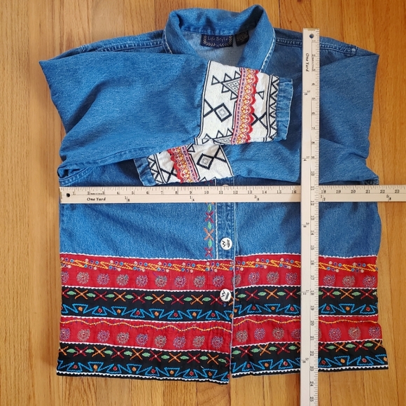 Aztec Southwestern Tribal Boho Embroidered Denim Jean Jacket - Picture 8 of 11